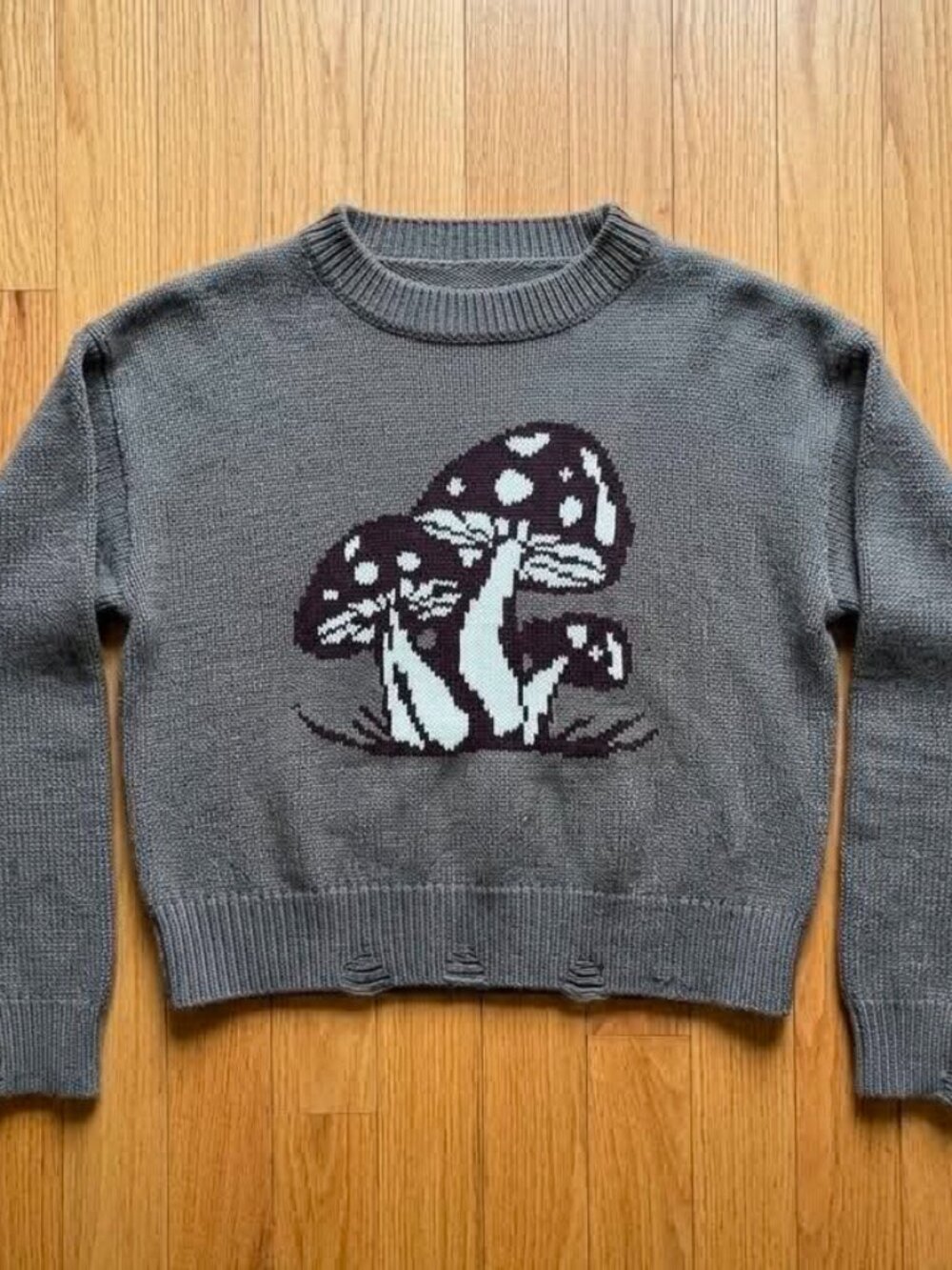 Mushroom Graphic Knit Sweater Youth Medium Gray Distressed Hem #93